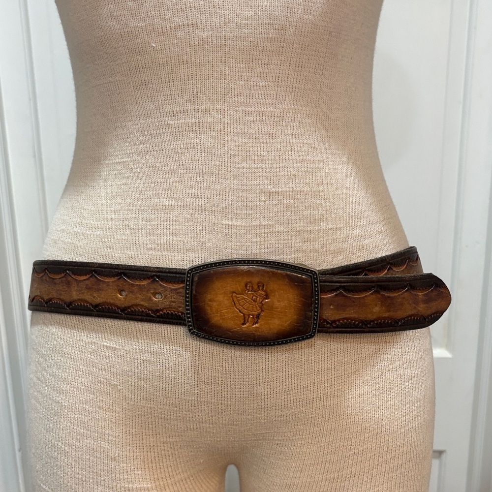Genuine tooled  leather belt with square dancers and Don on back